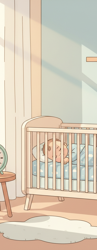A peaceful baby sleeping in a crib with soft light coming through a window, a clock nearby showing the time adjustment, symbolizing the challenge of Daylight Saving.