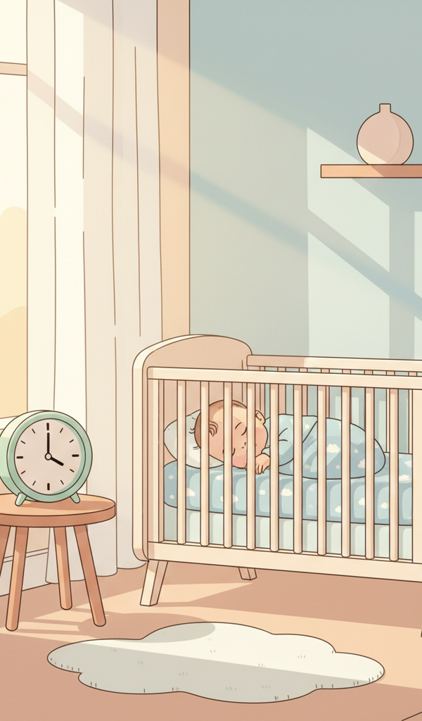 A peaceful baby sleeping in a crib with soft light coming through a window, a clock nearby showing the time adjustment, symbolizing the challenge of Daylight Saving.