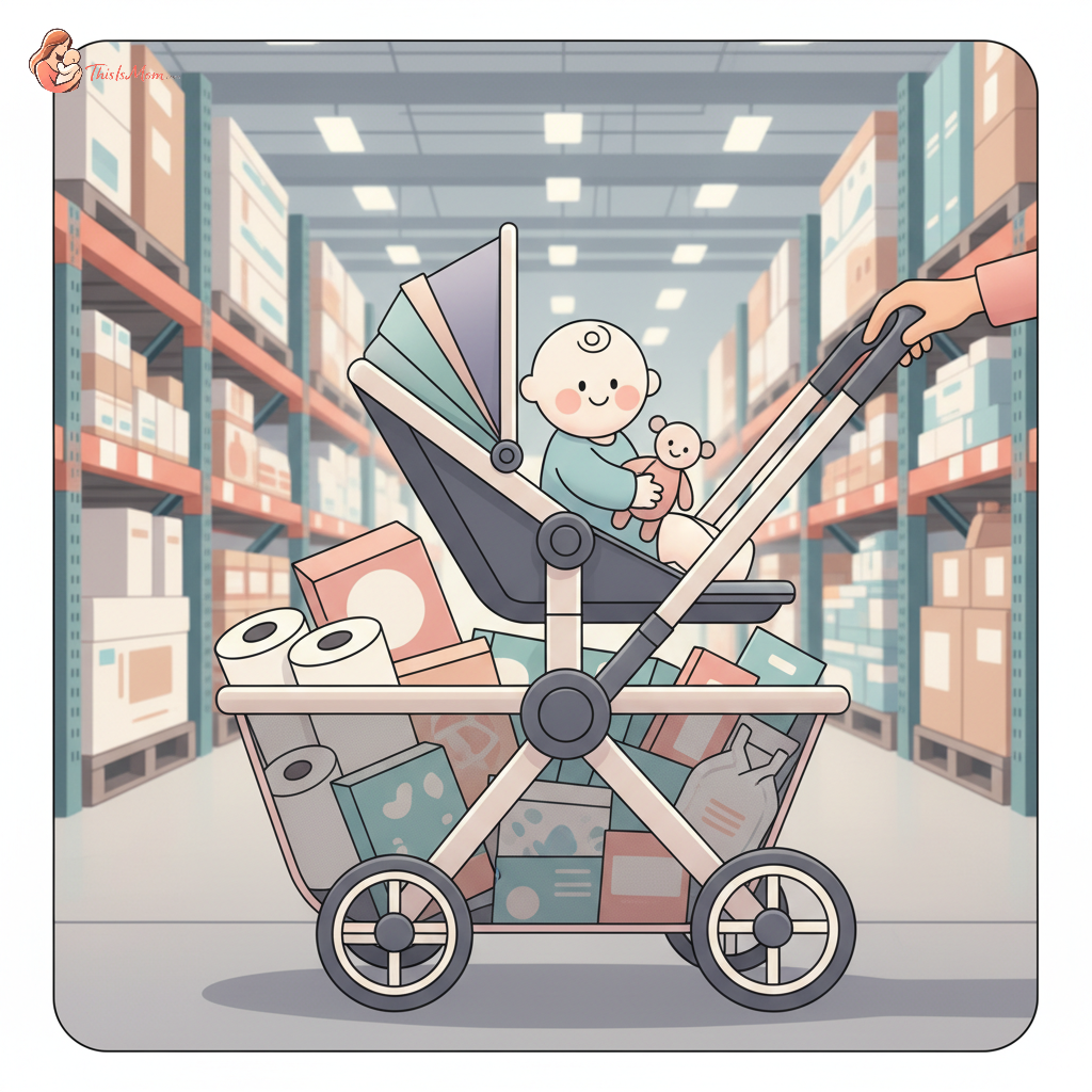 Parent pushing a stroller with a very large, full basket through a wide grocery store aisle, child happily seated in the stroller.
