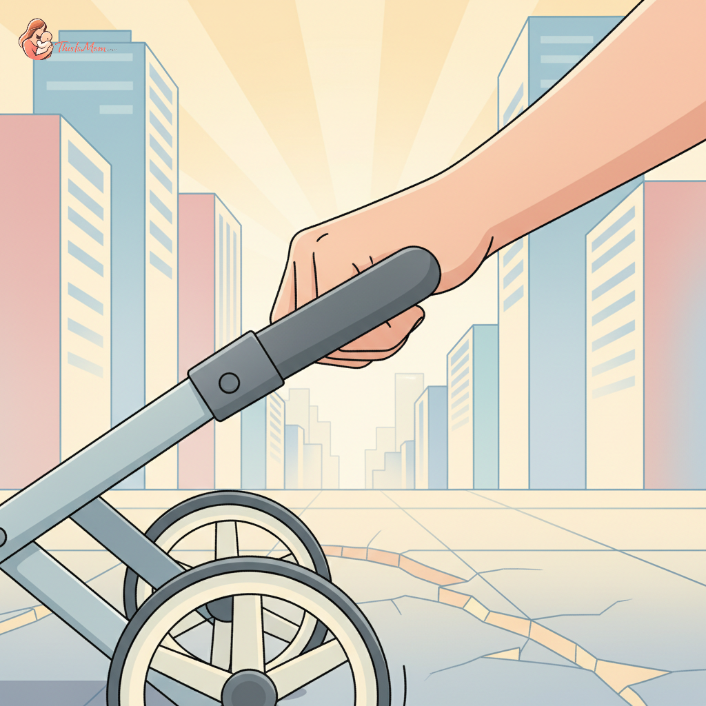 Parent pushing a robust stroller with large wheels over a cracked city sidewalk, urban buildings in background, baby visible in stroller