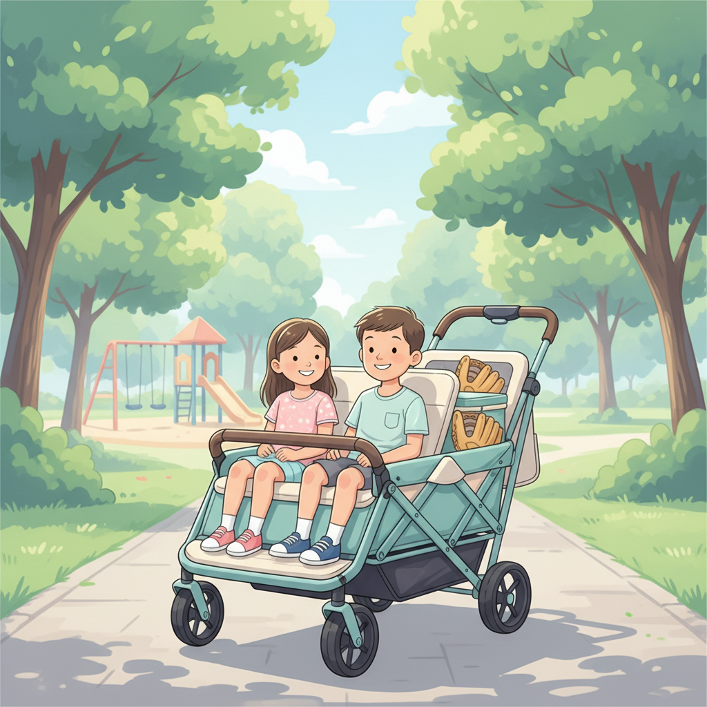 A high-capacity stroller wagon (like a WonderFold X4) with two older children (around 7-10 years old) comfortably seated inside, alongside a cooler and some sports equipment, in a vibrant park setting during a sunny day.