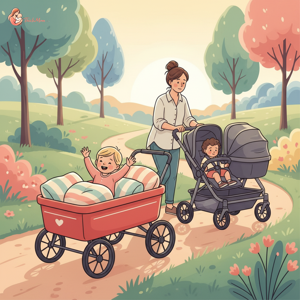 A toddler happily riding in a stroller wagon next to a frustrated parent struggling to push a double stroller on an uneven park path, illustrating the pros and cons discussed in the article.