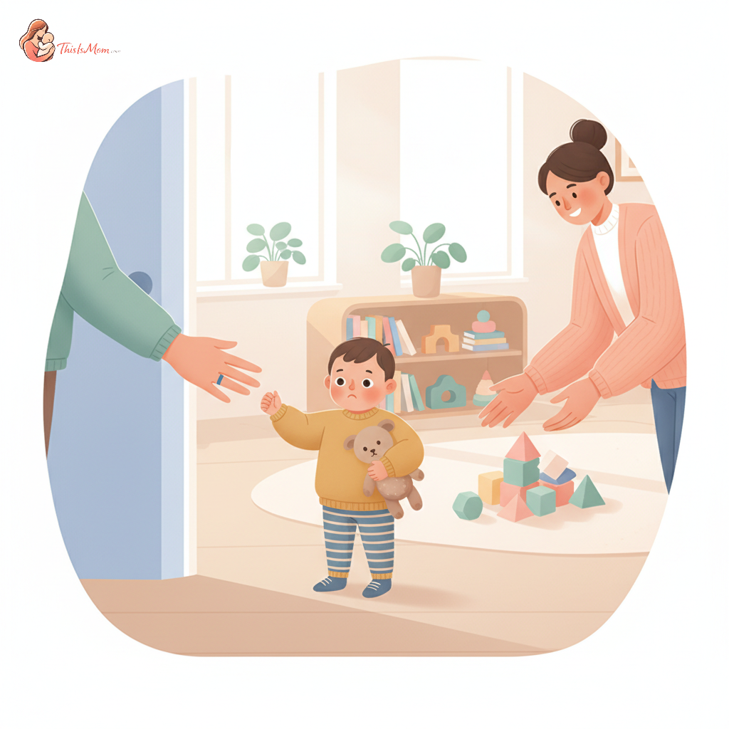 A toddler looking back at a parent's outstretched hand at a home daycare doorway, with a comforting daycare provider gently guiding the child inside, soft morning light