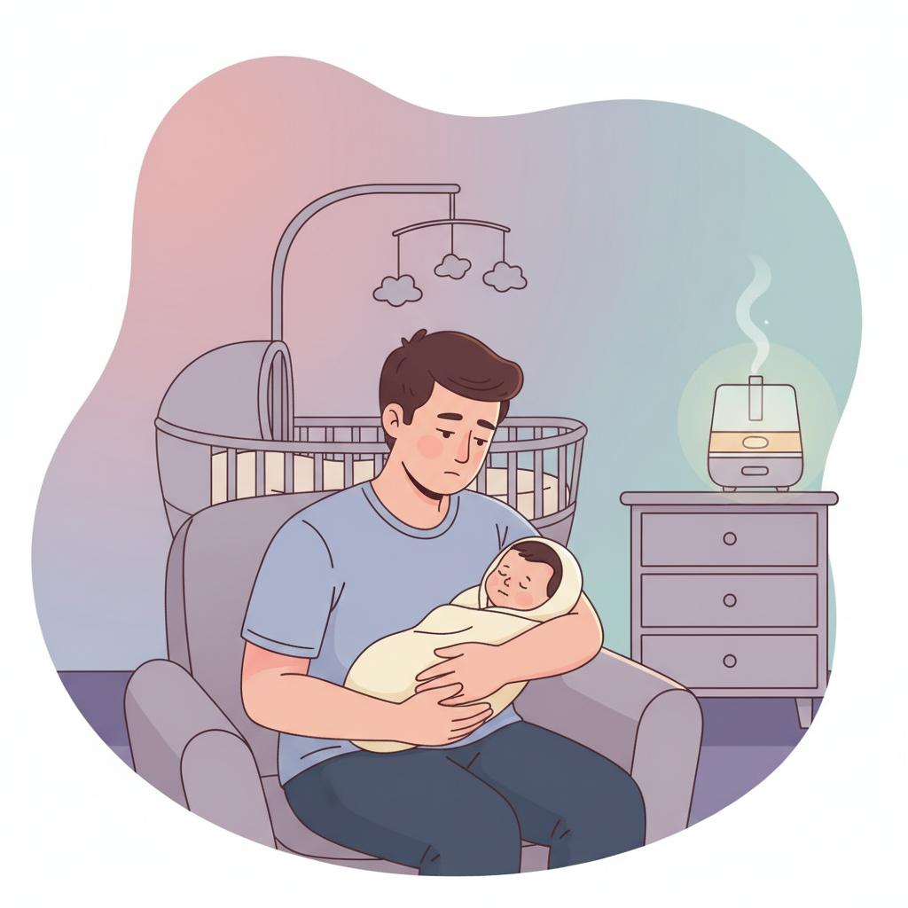 Exhausted parent gently rocking a fussy 4-month-old baby in a softly lit nursery, while a white noise machine glows in the background.