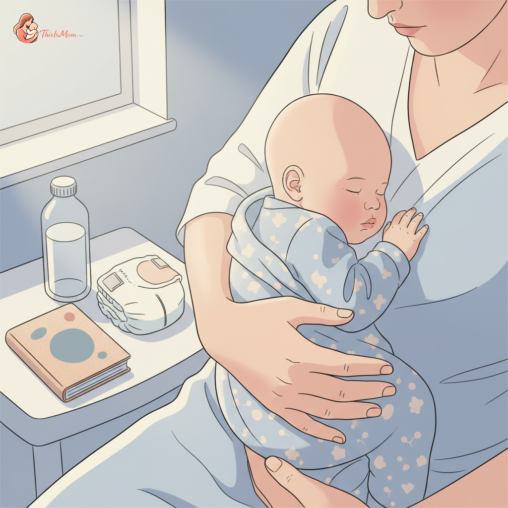 A tired but determined parent cradling a baby in a dimly lit nursery, surrounded by practical nighttime essentials like a water bottle and stacked diapers, conveying a sense of solo strength during late-night care.