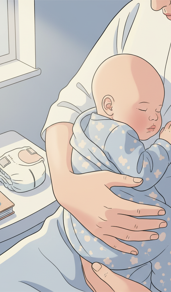 A tired but determined parent cradling a baby in a dimly lit nursery, surrounded by practical nighttime essentials like a water bottle and stacked diapers, conveying a sense of solo strength during late-night care.