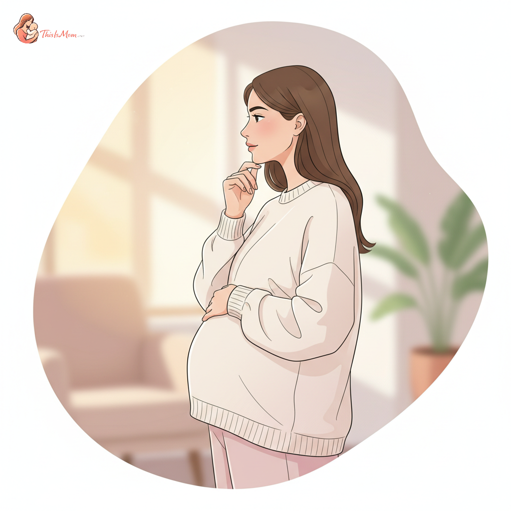 Pregnant woman with a thoughtful expression, gently touching her belly, indicating concern or consideration about her healthcare choices.