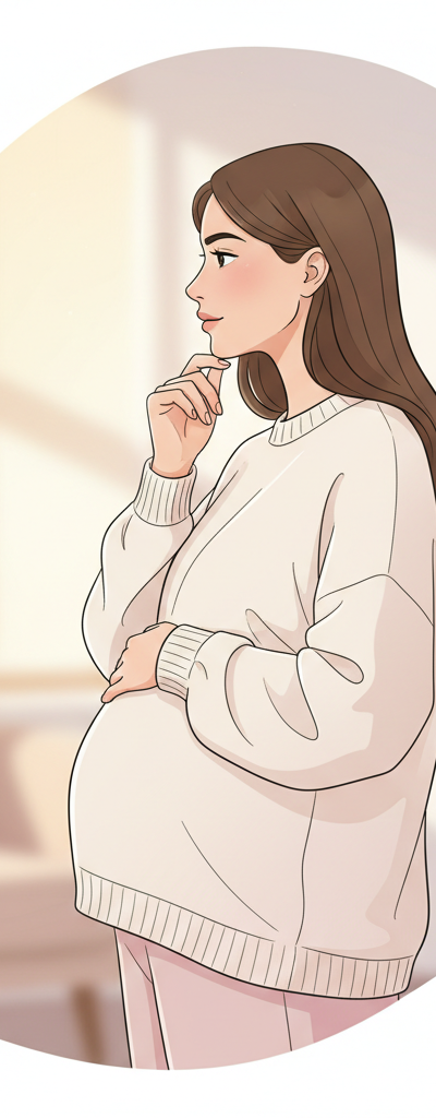 Pregnant woman with a thoughtful expression, gently touching her belly, indicating concern or consideration about her healthcare choices.
