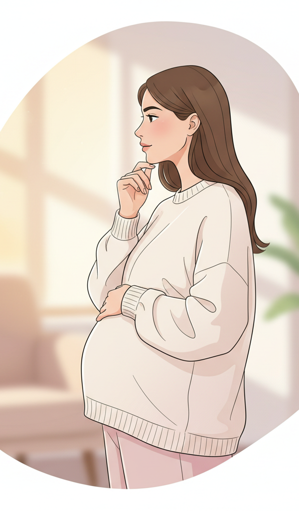 Pregnant woman with a thoughtful expression, gently touching her belly, indicating concern or consideration about her healthcare choices.