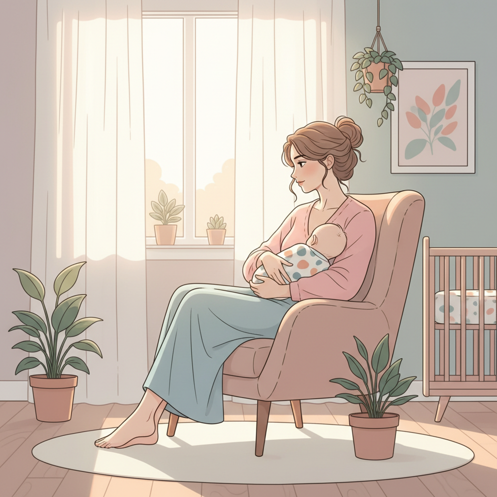 New mother looking out a window with a thoughtful expression, holding a sleeping baby.