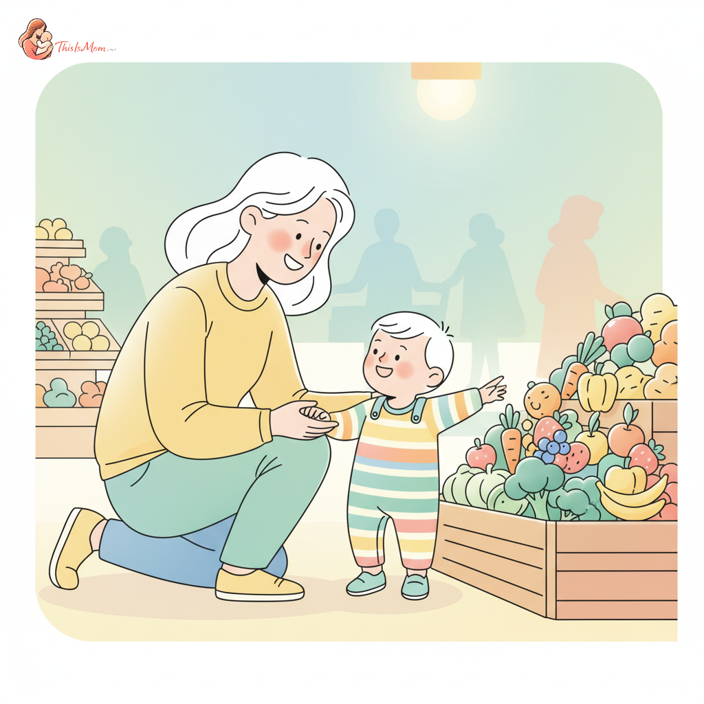A parent and toddler peacefully grocery shopping, with the toddler pointing at colorful produce, no screens visible.