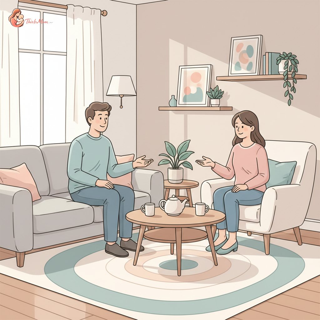 A thoughtful parent having a sensitive conversation with their nanny in a child-friendly living room setting