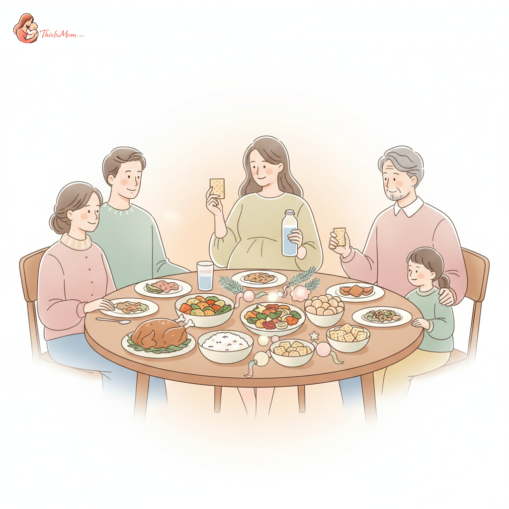 A pregnant woman gently touching her belly while sitting at a festive holiday dining table, looking calm amidst family members and food. There are bland snacks and a water bottle discreetly placed near her.