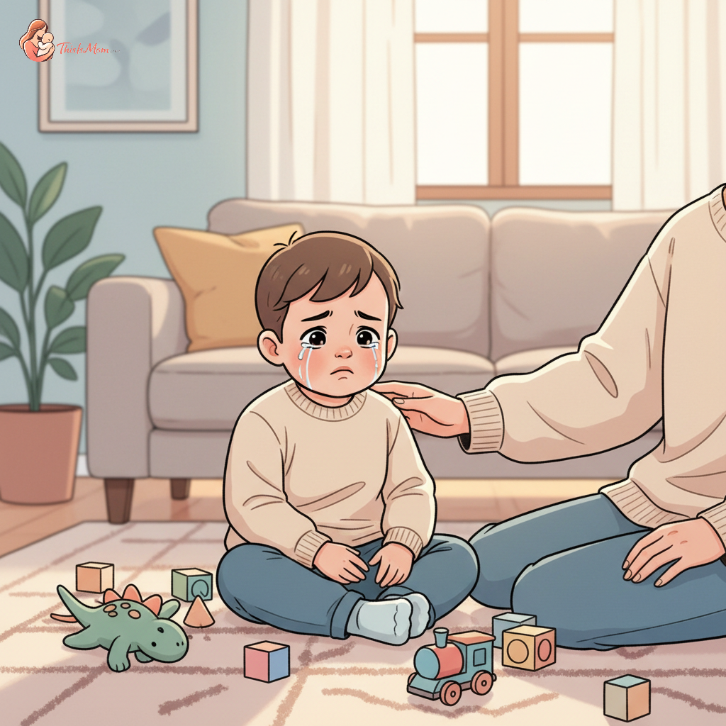 A frustrated toddler sitting on a rug with building blocks, looking upset while a parent gently kneels beside them, after screen time has ended.