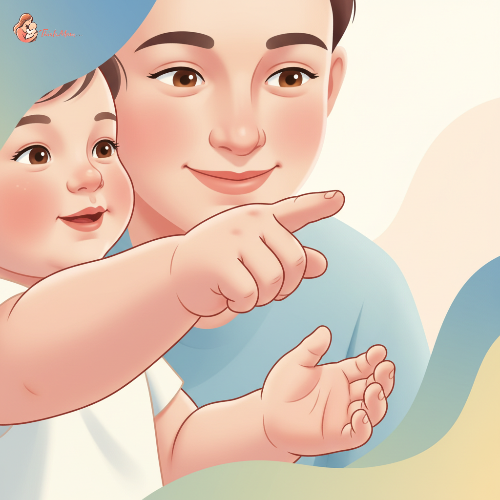 Close-up of a toddler's hand pointing at something off-camera, with a blurry background of a parent's face softly smiling, indicating shared attention.