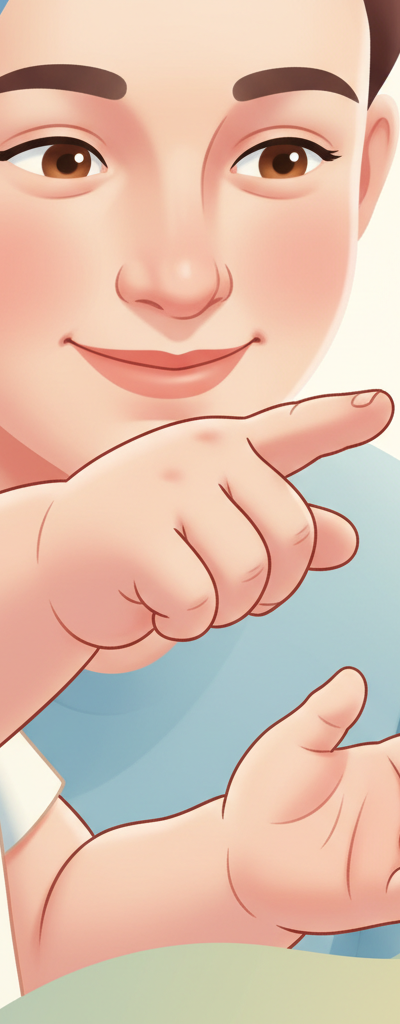 Close-up of a toddler's hand pointing at something off-camera, with a blurry background of a parent's face softly smiling, indicating shared attention.