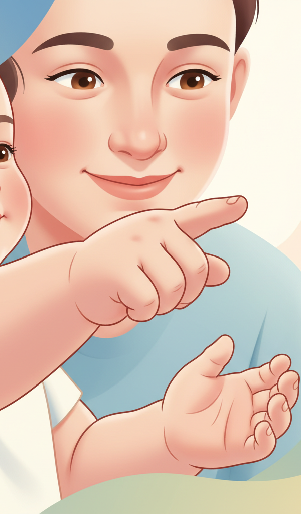 Close-up of a toddler's hand pointing at something off-camera, with a blurry background of a parent's face softly smiling, indicating shared attention.