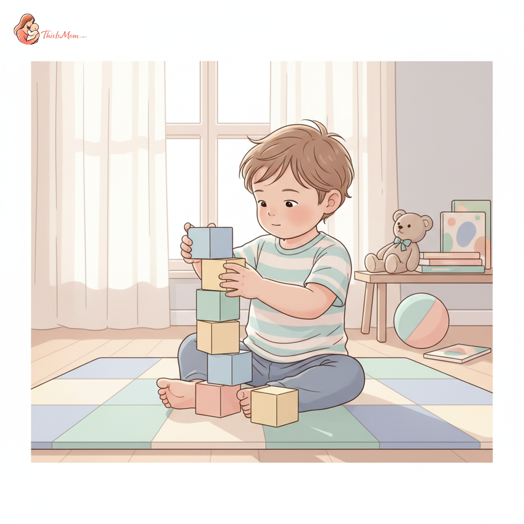 A toddler happily playing with colorful wooden building blocks on a soft rug, sunlight streaming into a bright, toy-filled room, while a television in the background is turned off.