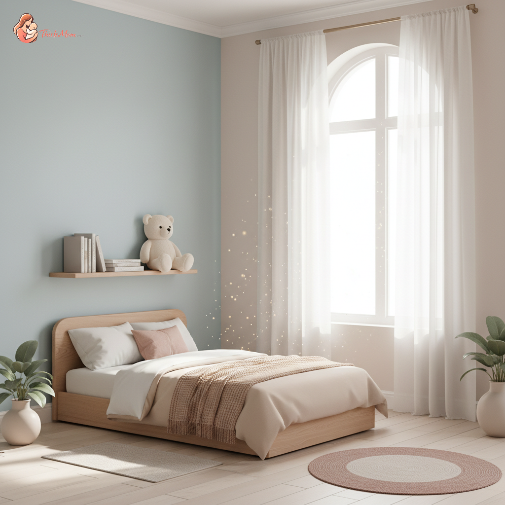 A cozy, minimalist toddler floor bed with soft bedding in a beautifully organized small bedroom, with natural light coming through a window