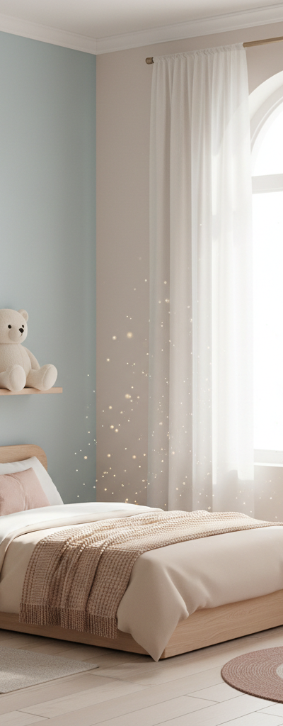 A cozy, minimalist toddler floor bed with soft bedding in a beautifully organized small bedroom, with natural light coming through a window