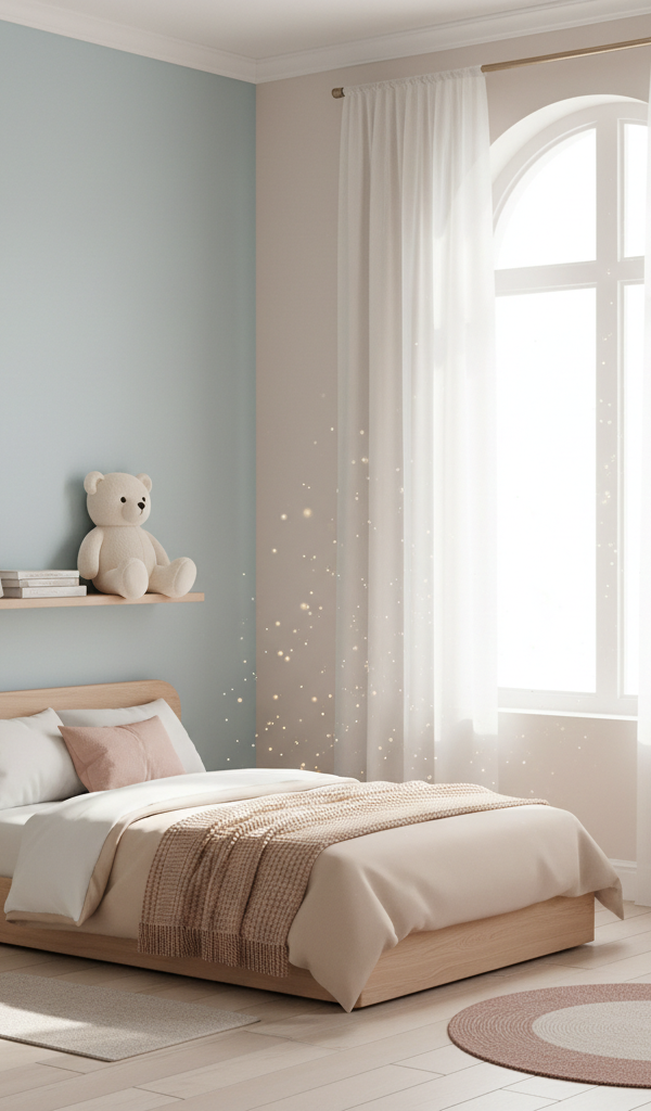 A cozy, minimalist toddler floor bed with soft bedding in a beautifully organized small bedroom, with natural light coming through a window