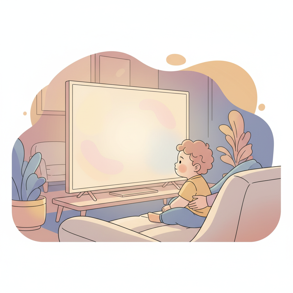 A toddler with a parent's arm around them, both looking at a muted television screen in a dimly lit room.