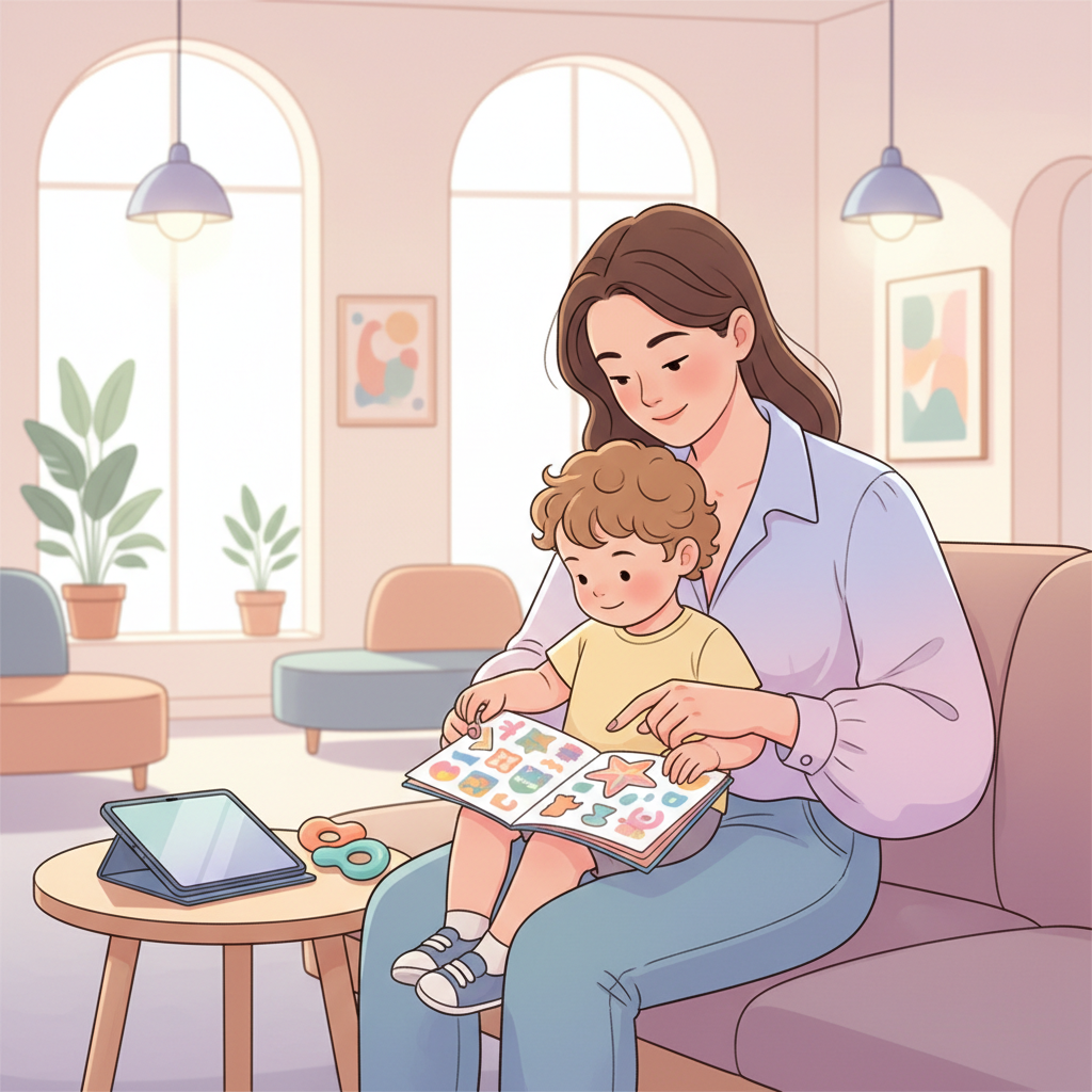 A parent gently engaging a toddler in a doctor's waiting room with a sticker book and a small toy, while a tablet lies unused nearby.