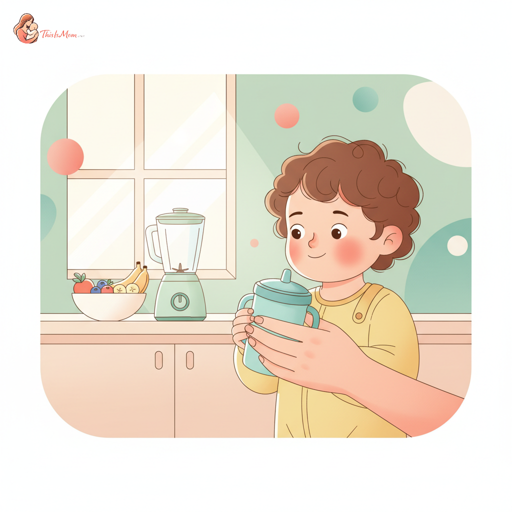 Toddler happily drinking from a small cup, with a parent's reassuring hand nearby, in a bright, child-friendly kitchen.