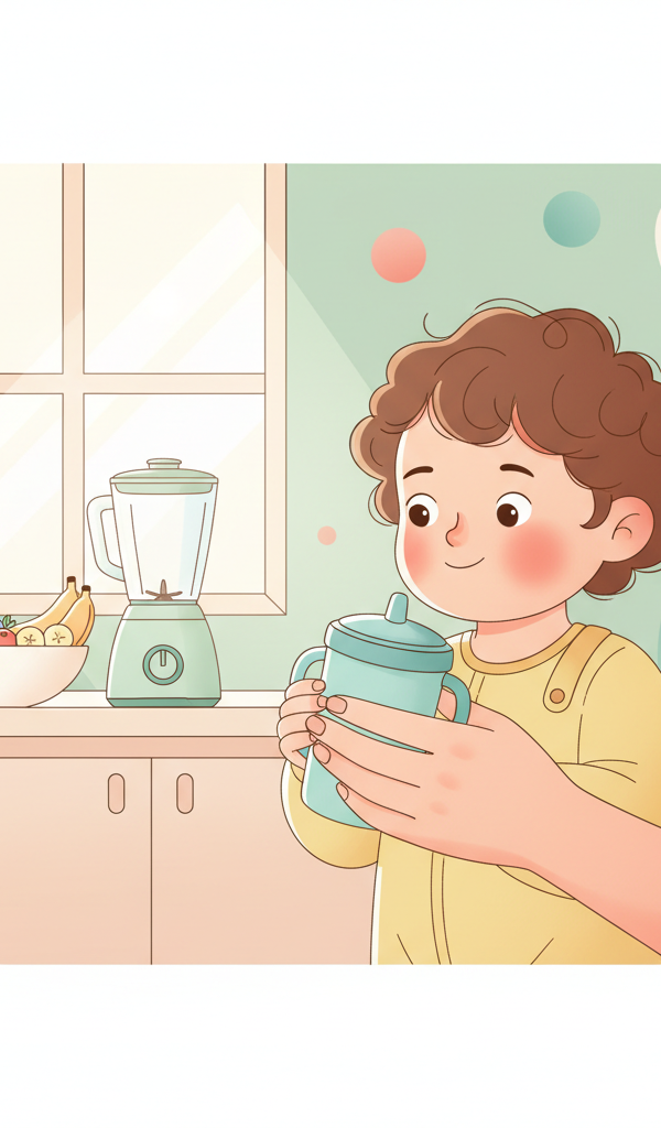 Toddler happily drinking from a small cup, with a parent's reassuring hand nearby, in a bright, child-friendly kitchen.