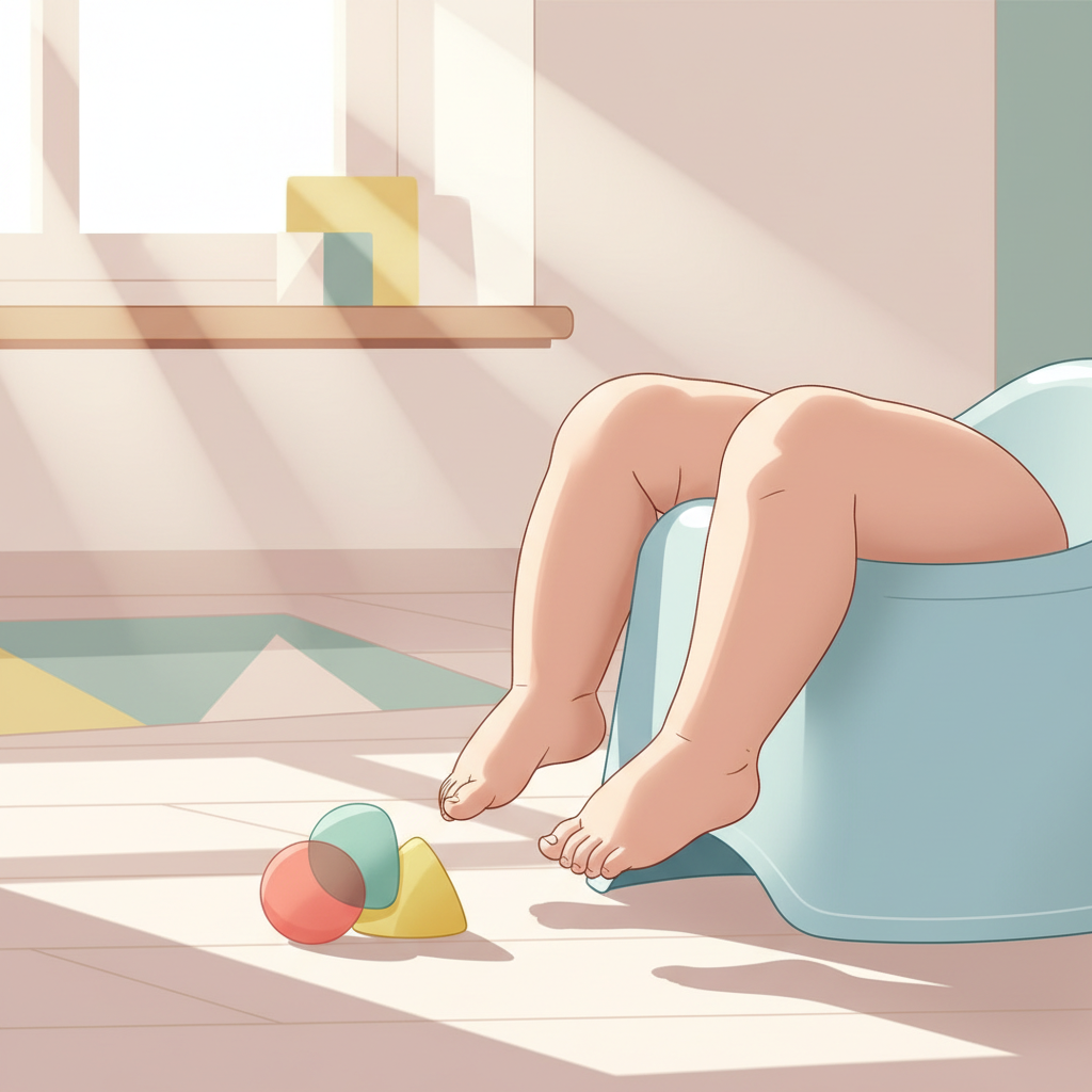 A young child sitting on a potty chair, looking slightly uncomfortable but holding a small plush toy.