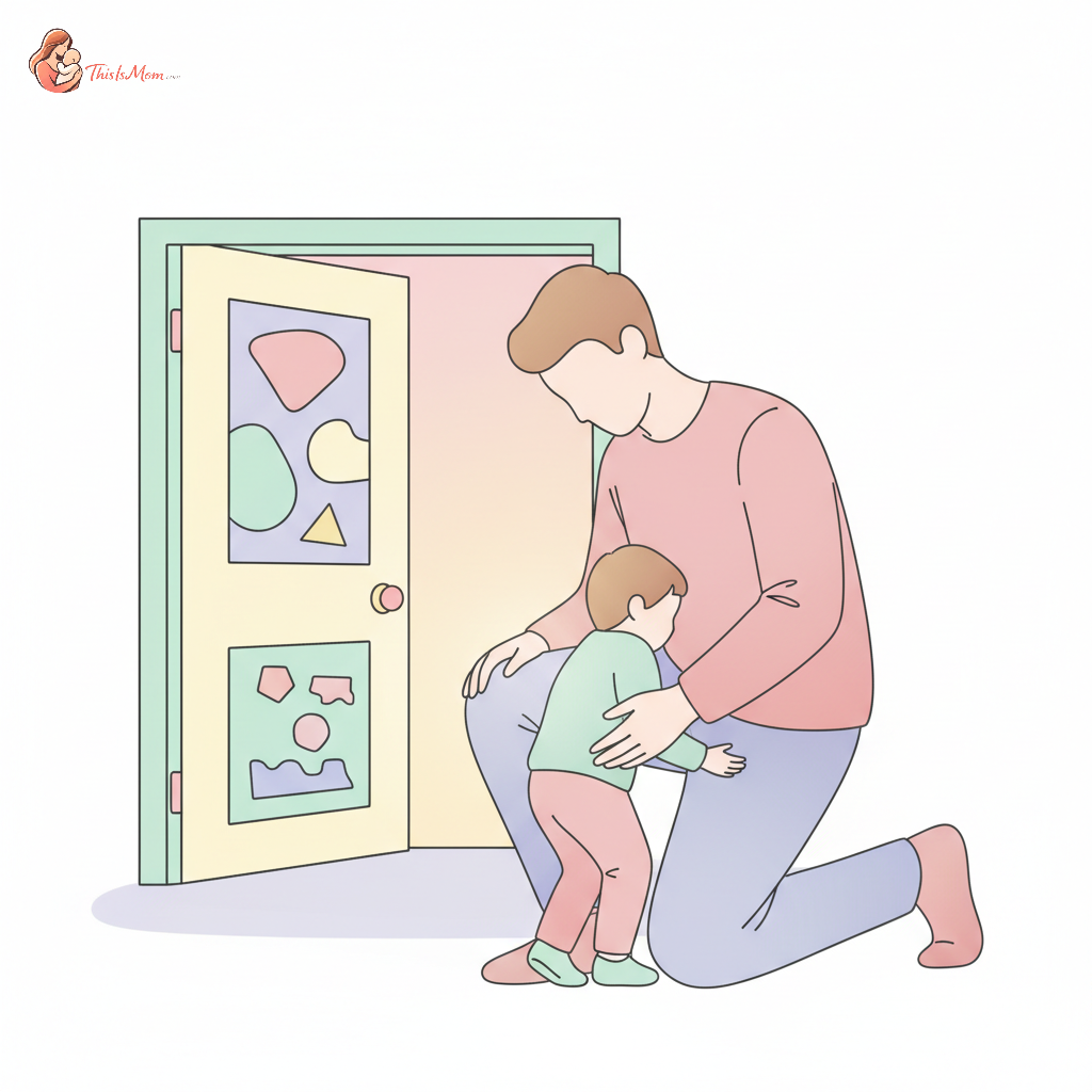 A sad toddler clinging to a parent's leg at a daycare classroom door, with a gentle, reassuring adult hand on their back, conveying separation anxiety.
