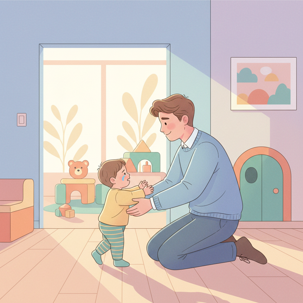 A father gently comforts his crying toddler during daycare drop-off while the mother looks on with a supportive expression.