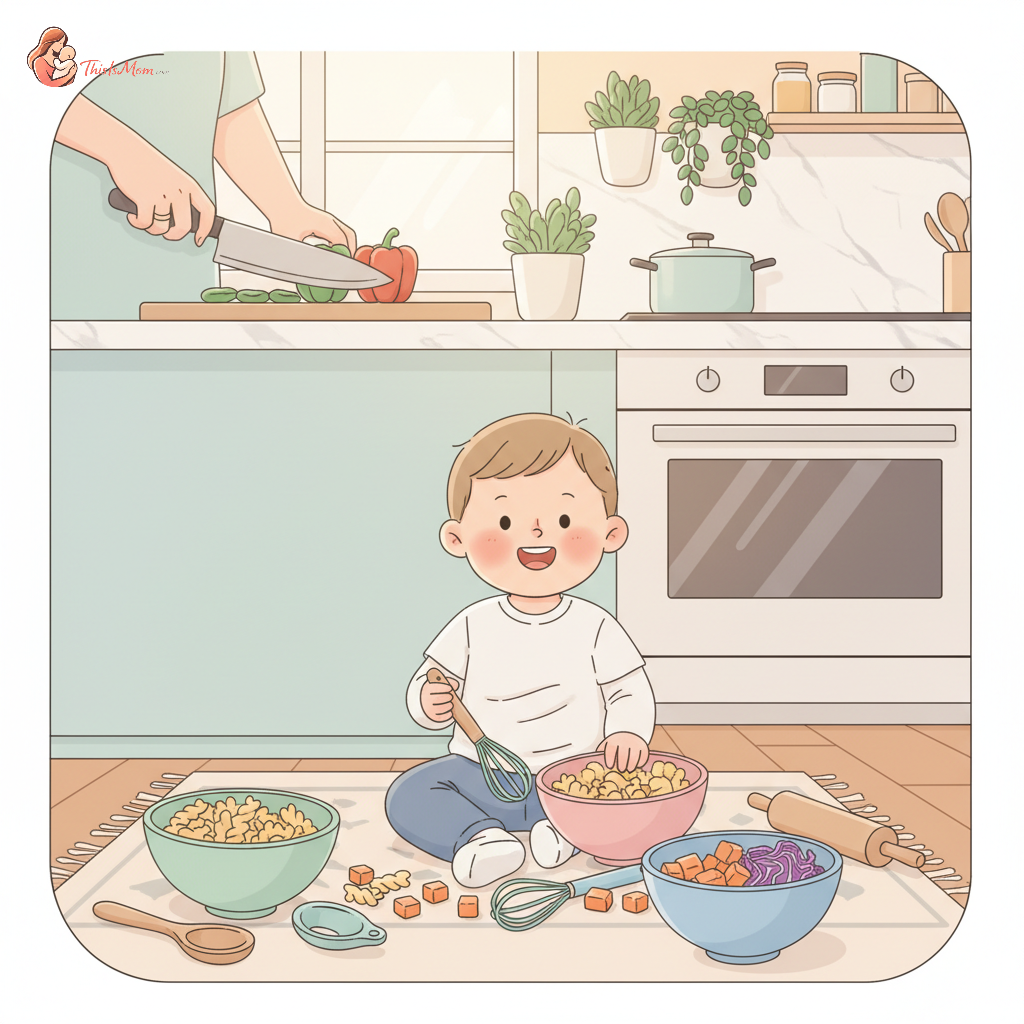 A toddler happily playing with safe kitchen tools and colorful vegetables on the floor next to an adult preparing food in the kitchen, demonstrating engaged, screen-free activity.