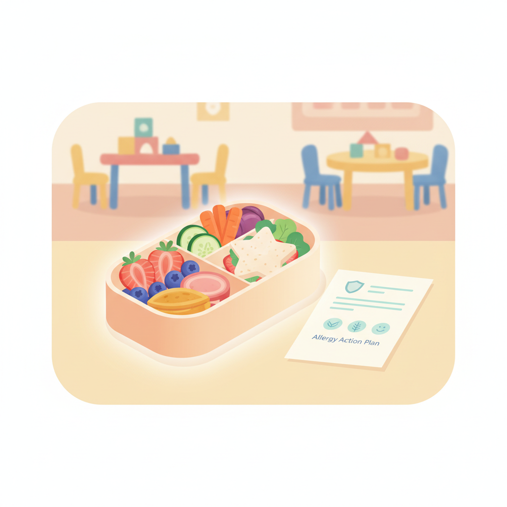 A colorful bento box filled with allergy-friendly lunch options for a toddler, next to a small personal allergy action plan document and a vibrant child's drawing.