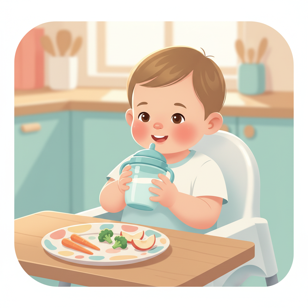 A toddler happily holding a sippy cup of milk, with a colorful plate of various healthy solid foods (like chopped fruits, vegetables, and small pieces of protein) untouched in front of them on a high chair tray.