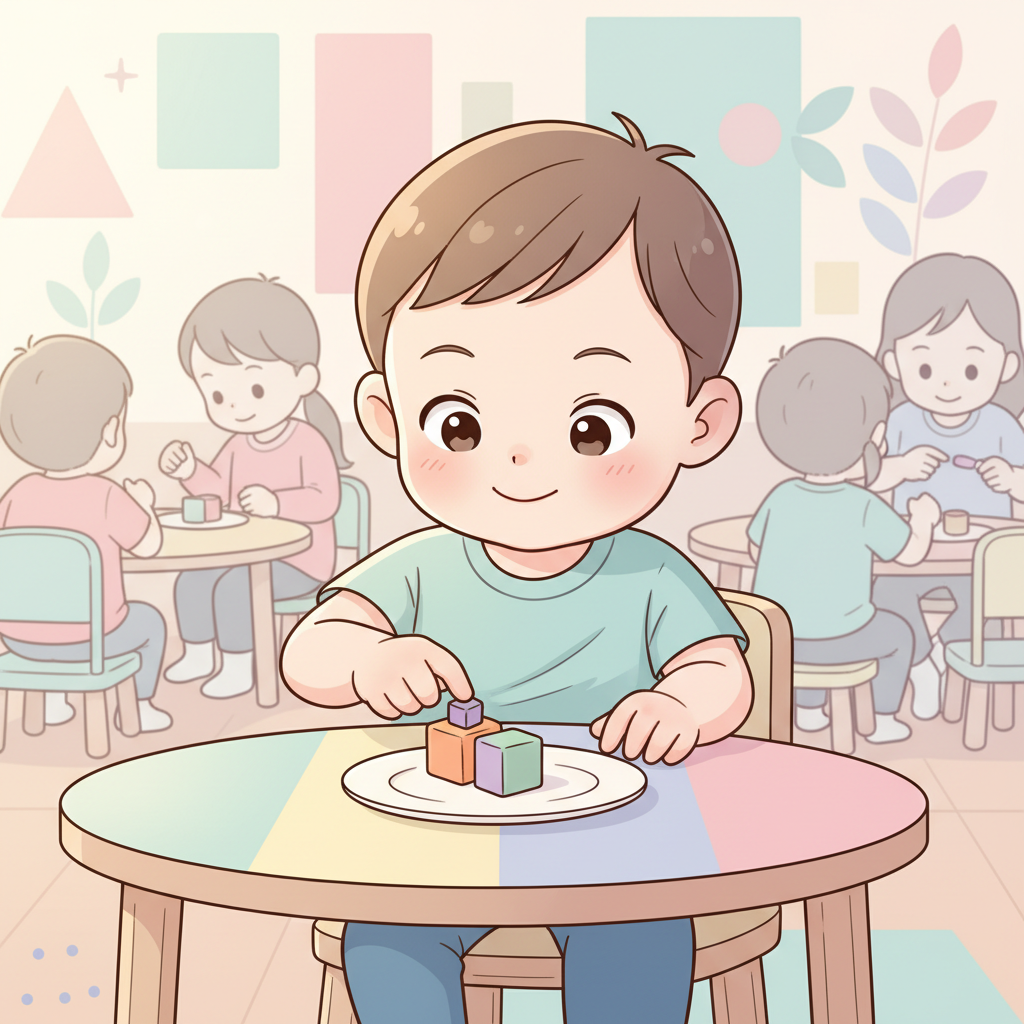 A toddler happily eating a colorful meal at a small, brightly colored table, surrounded by other children happily eating in a daycare setting.