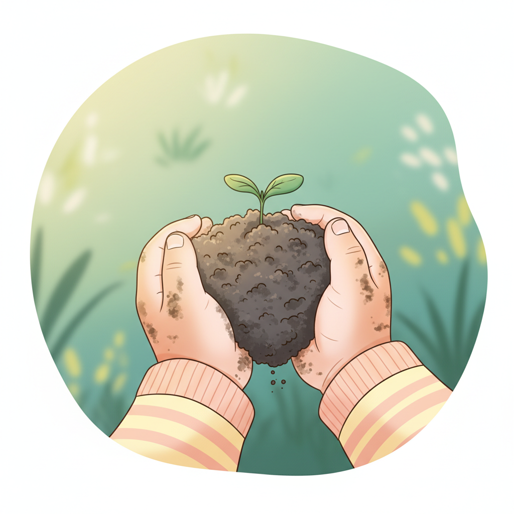 Close-up of a toddler's hands holding dirt, with a blurred background of a backyard.
