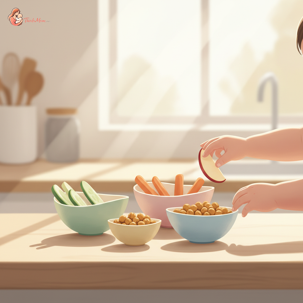 A toddler happily holding a carrot stick, surrounded by various healthy crunchy snacks like apple slices, cucumber, and roasted chickpeas on a wooden table, with a parent's hand gently guiding.