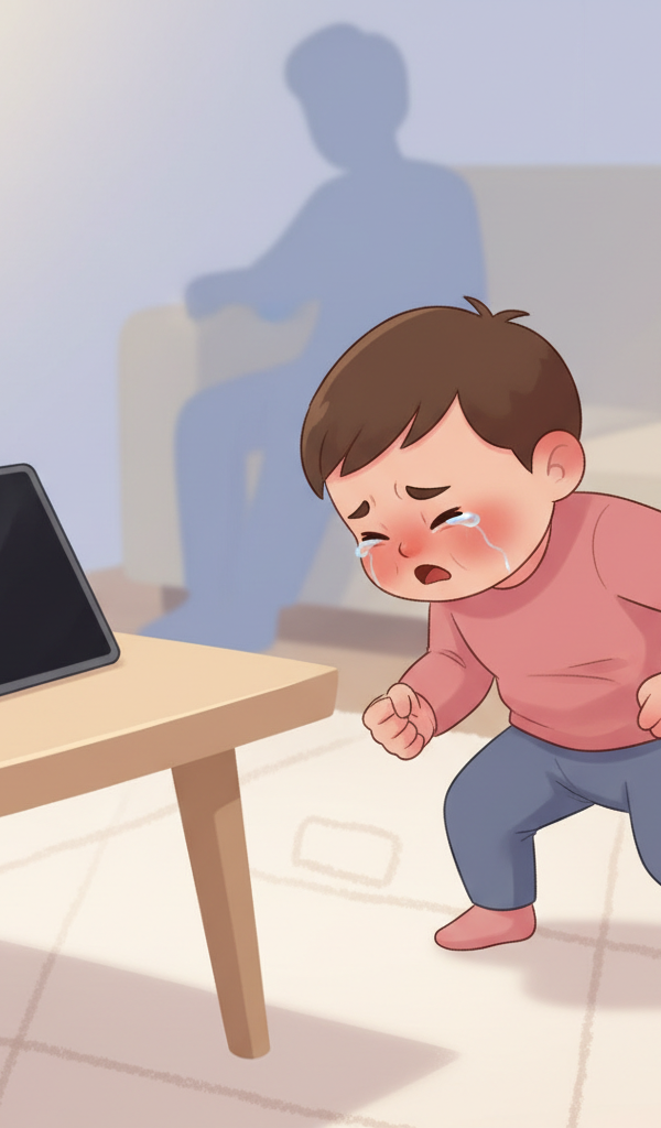 A frustrated toddler with arms crossed and a pout, sitting in a living room while a muted tablet lies on a nearby coffee table, reflecting the struggle with emotional regulation after screen time.