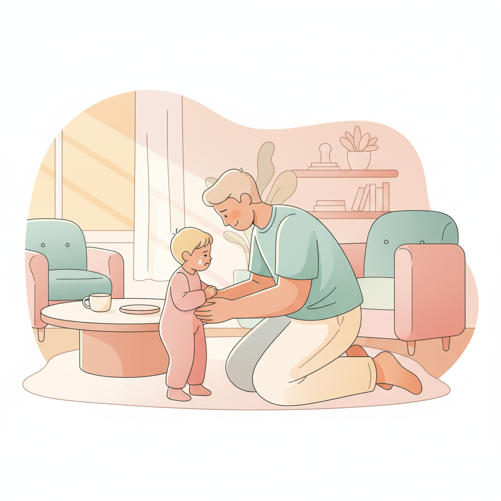 A parent calmly kneeling to comfort a toddler who is upset after screen time ends.