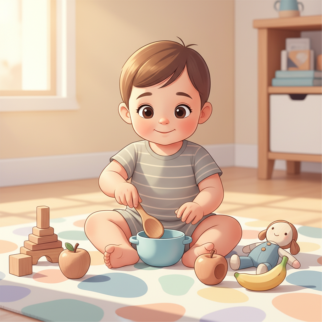 A toddler engrossed in imaginative play, stirring a toy pot with a wooden spoon, surrounded by simple open-ended toys.