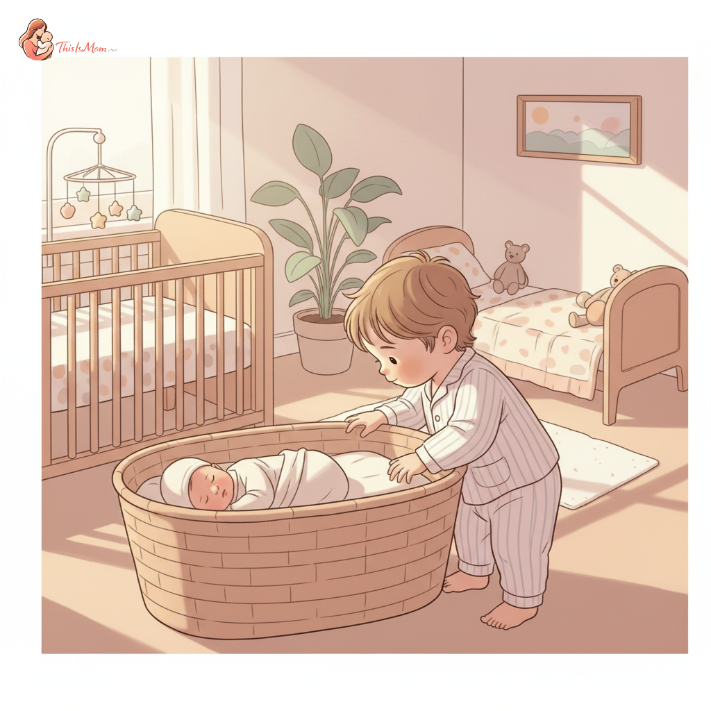 A toddler peeking gently into a nearby bassinet where a newborn is sleeping peacefully, in a softly lit, cozy bedroom with separate sleep zones visible.