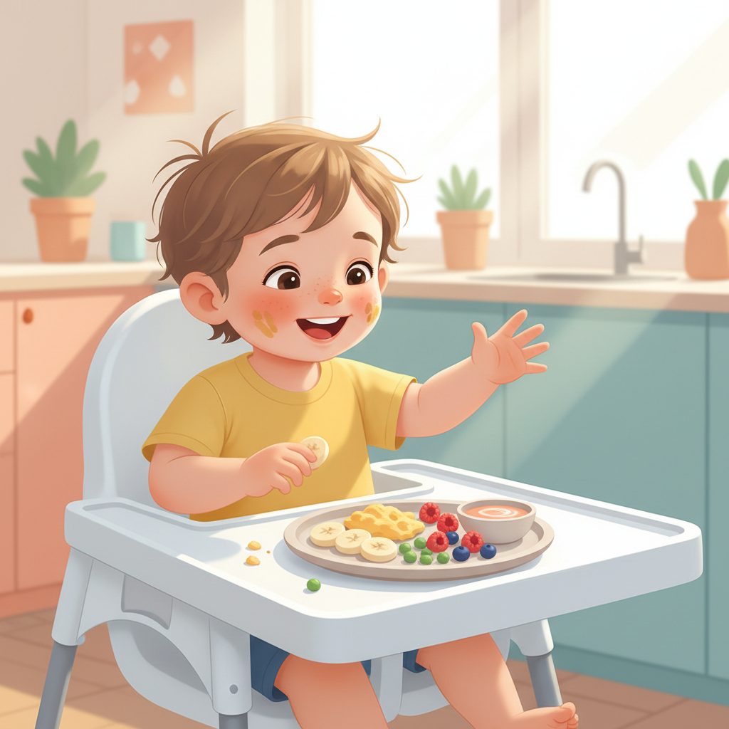 A toddler, with a curious expression, looking at a plate with a mix of colorful foods (some yellow foods like banana slices, some green like peas, and some red like berries) alongside a small bowl of dip.