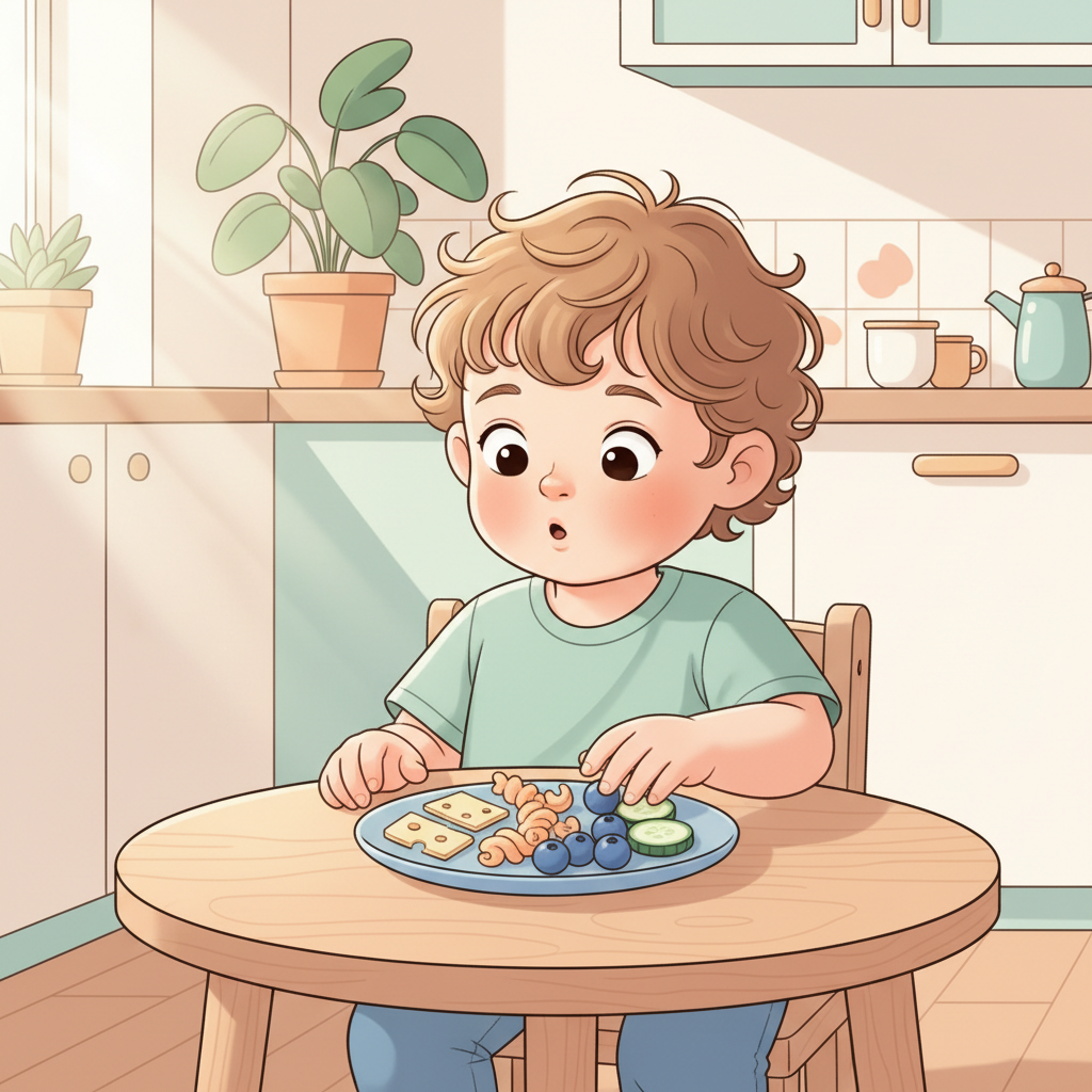A toddler seated at a small table, cautiously eyeing a colorful plate of various small food items including a few pieces of fruit and vegetable alongside some familiar carb-based snacks. The setting is bright and inviting.