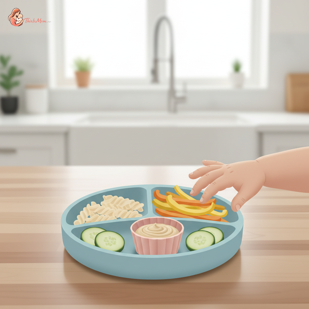 A diverse meal presented on a colorful toddler's plate, featuring a small portion of pasta alongside sliced bell peppers, cucumber sticks, and a few berries, with a toddler's hand hesitantly reaching for a veggie dip.