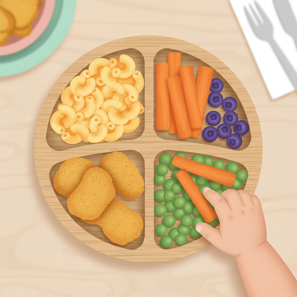 A plate divided into sections, one with mac and cheese, another with chicken nuggets, and a third with a small, colorful, healthy food option like steamed broccoli or sliced fruit. A toddler's hand hesitantly reaches towards the colorful food, while the other hand rests near the familiar items.