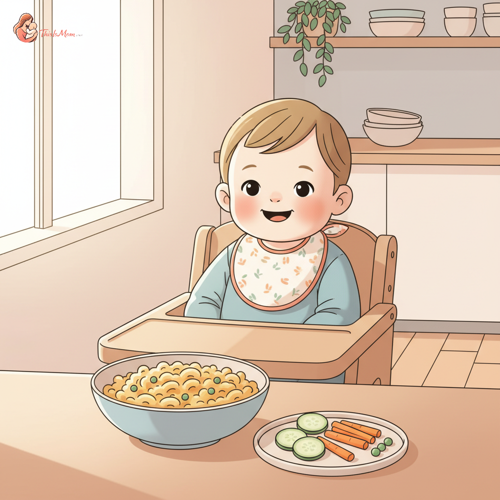 A toddler seated at a high chair, playfully reaching for a plate of macaroni and cheese, while also looking curiously at a small bowl with colorful, healthy vegetable sticks nearby.
