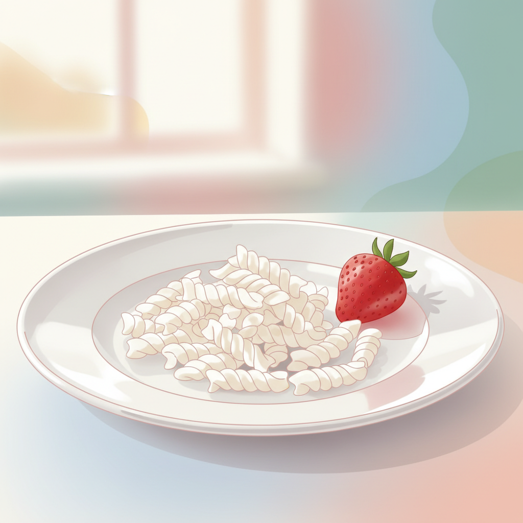 A toddler's plate with plain white pasta and a single strawberry.