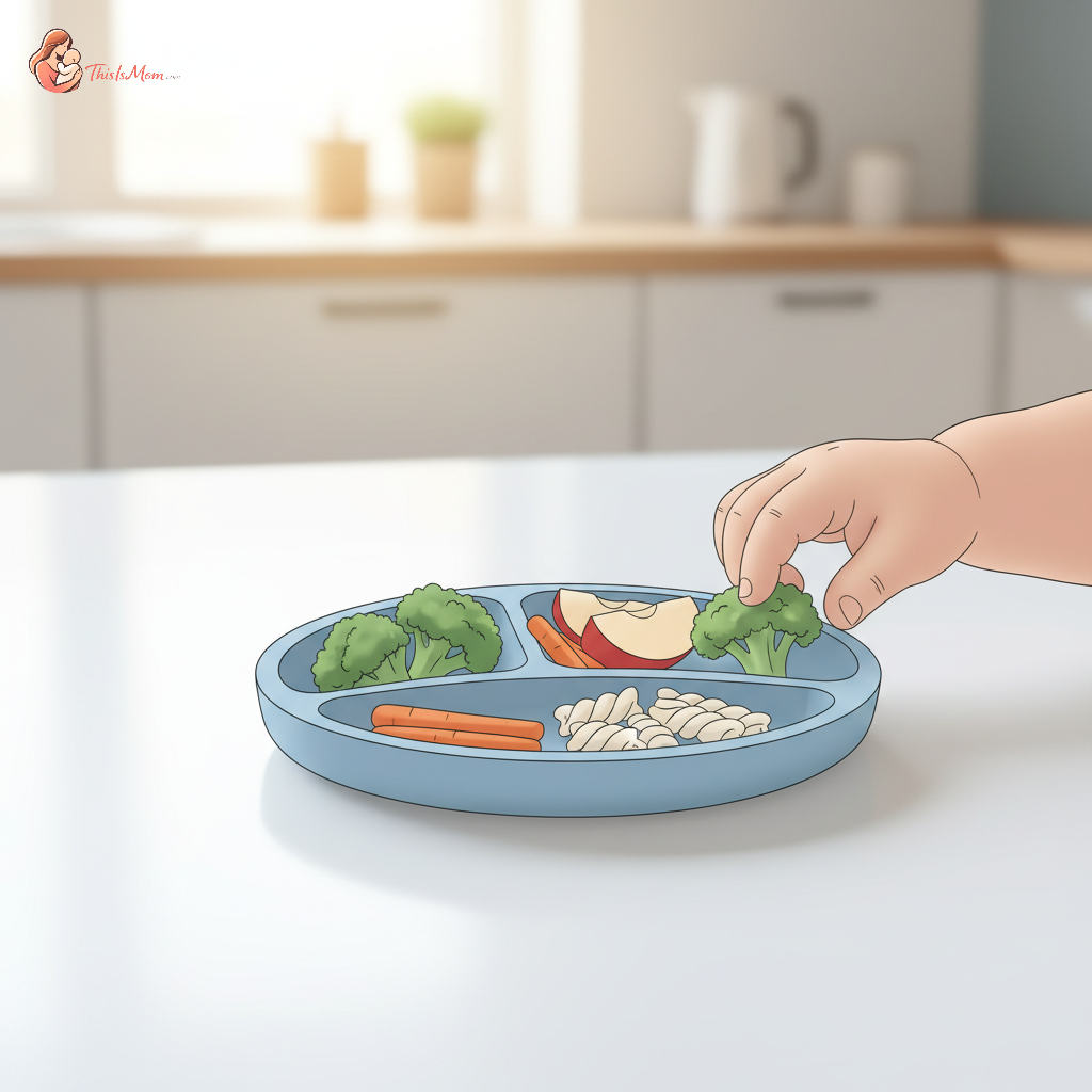A toddler's plate with a mix of colorful fruits and vegetables alongside some white foods like pasta, showing gentle introduction of variety.