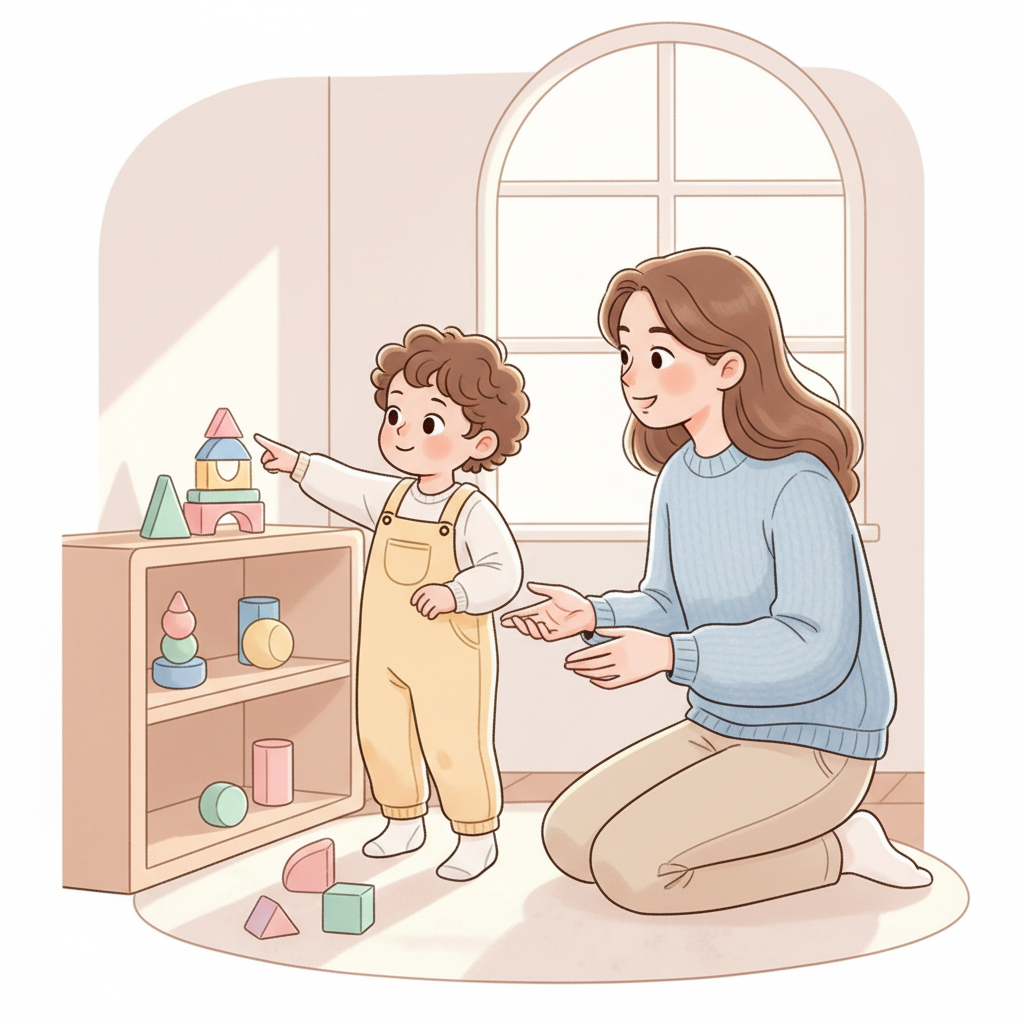 A toddler pointing at a toy on a shelf, with a parent kneeling nearby, smiling and looking at the child expectantly, indicating encouragement to speak.